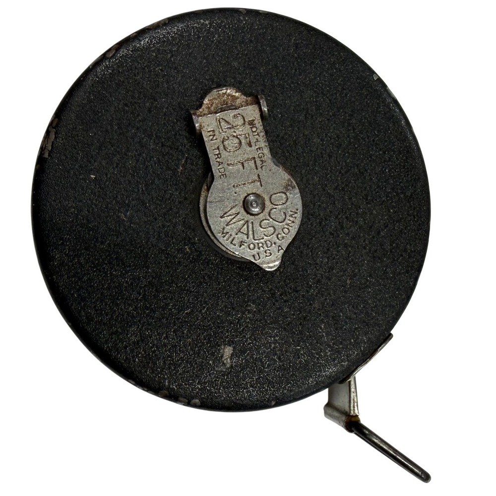 Vintage Walsco 25 Ft Cloth Tape Measure Black Metal Case